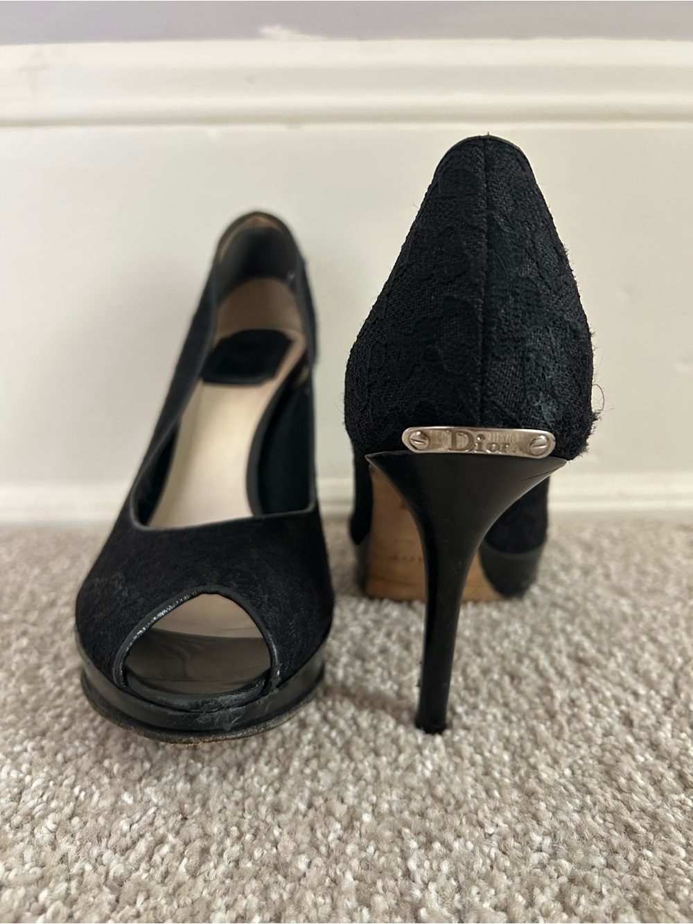 Vintage Dior Black Lace Peep-Toe Stiletto Heels